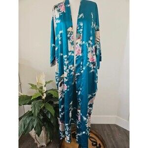 Kim + Ono Peacock Floral Satin Kimono Robe One Size Blue Long Duster - NO BELT